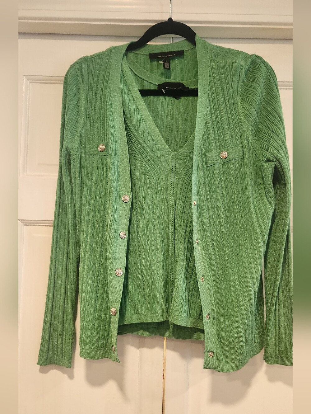 NWOT - White House Black Market Green Ribbed V-Neck Sweater and Cardigan Set